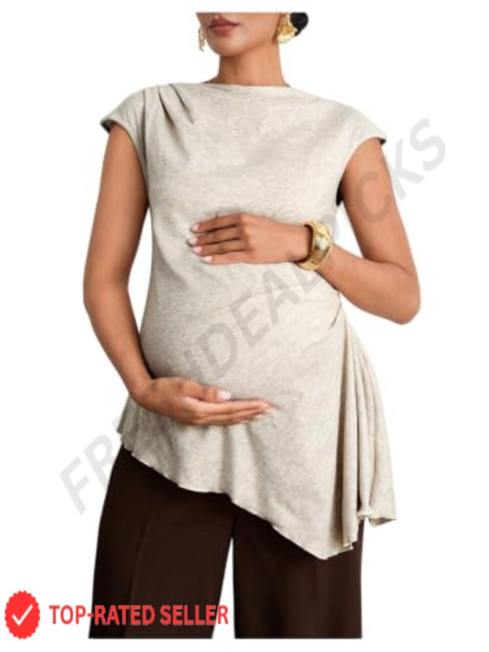 Maternity Ruched Asymmetrical Cap Sleeve T Shirt Slim Fit Polyester Blend